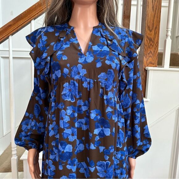 Adorable brown blue floral peasant midi dress - Picture 2 of 12